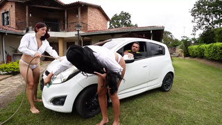 Two Hot Car Washers Wash His Car and End up Fucking Him in a Dirty Threesome