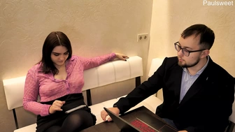 She fucks her boss and swallows his cum in the kitchen