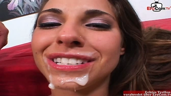 Skinny brunette Teen with small tits gets a cumshot in her mouth after the casting sex
