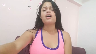 latina teen in sport wears sweating and masturbating her pussy with magic wand solo home masturbation