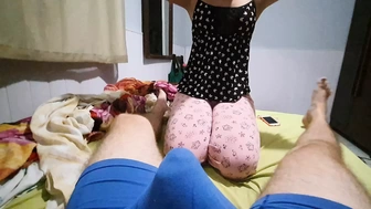 Fast handjob with gloves, cute girl making me cum in my pants and tickles my balls after