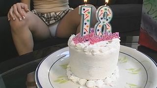 18 Birthday horny blonde get her first dildo