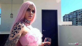Pink Hair German Teen Penny in Fishnet Stockings Outdoor Sex by older Guy
