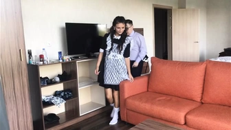 The schoolboy helps with the lessons of his classmate and sticks to her and fucks her little ass