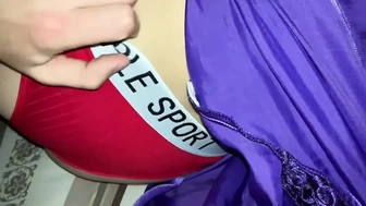 The girl in red panties spread her legs. Juicy finished with sperm. amateur