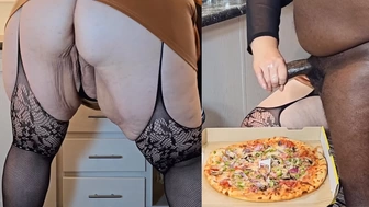 Pizza delivery guy arrived late, so I got very upset and jerked off his cock on the pizza and ate it
