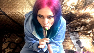 Emo girlfriend sucks lollipop and something else in Stitch cosplay
