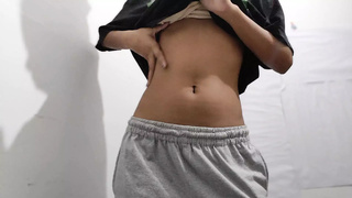 Cute petite girl touches her pussy and caresses her small tits, opens her pussy for you to stick your cock in it