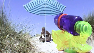 Blonde nympho fucks on beach
